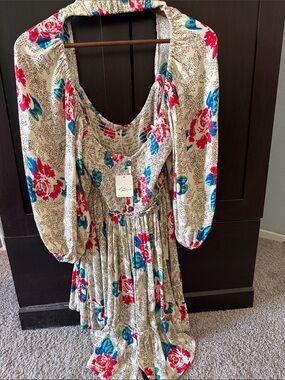 Free People Floral Mini Dress in Cream, Red & Blue